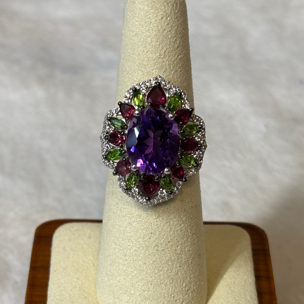 7.40 Ctw Moroccan Amethyst Ring Garnet Peridot Rhodium Over 925 Sterling Silver